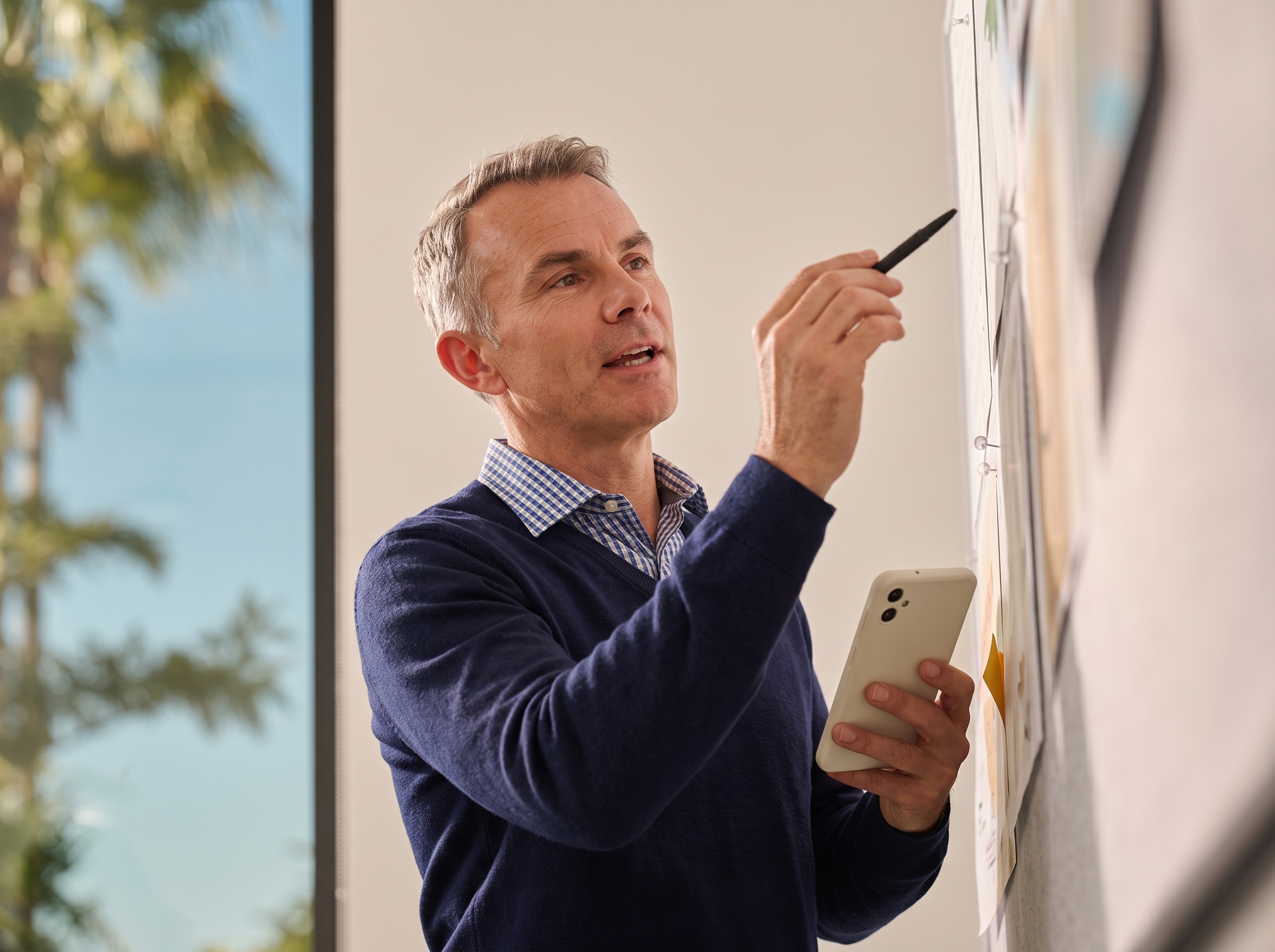 Business expert writing on a glass board